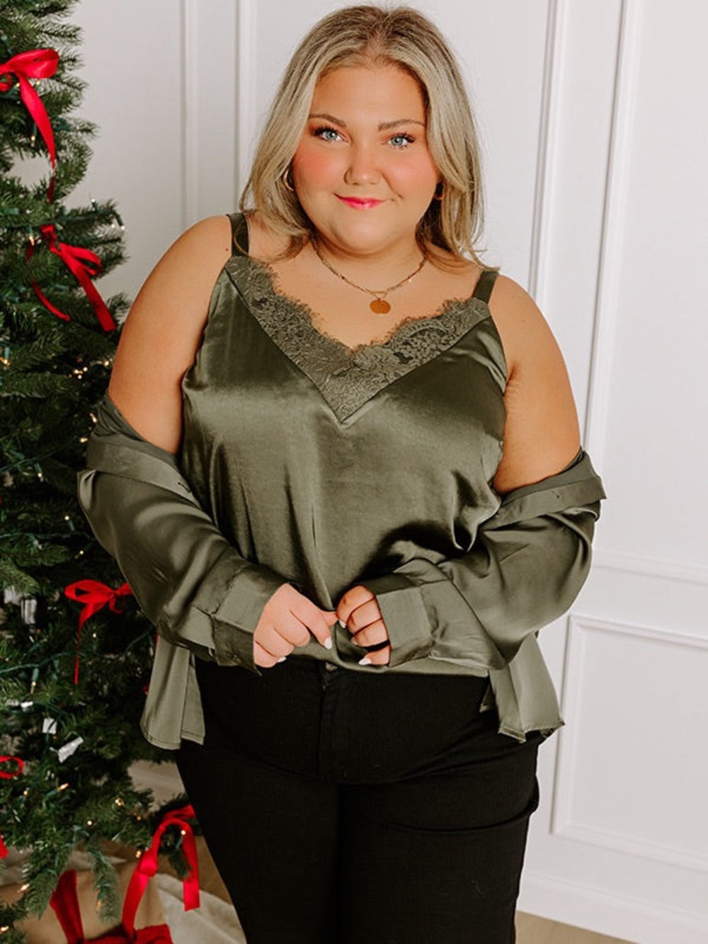 Impressions online boutique olive green satin silk tank 2xl